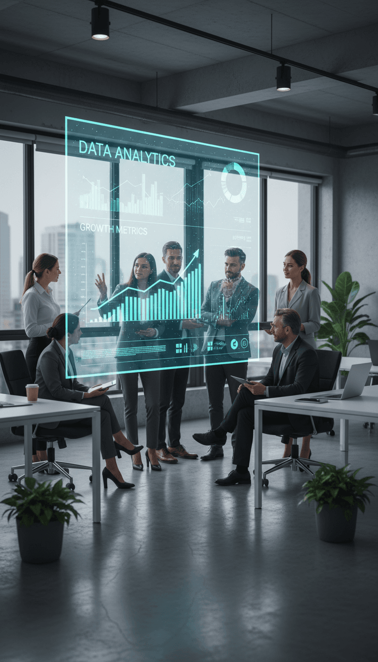 professional team discussing data analytics on digital screen in modern office
