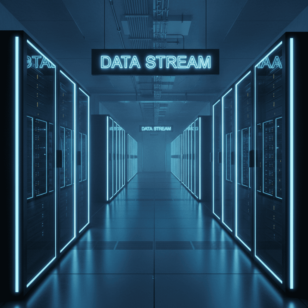 Server room with glowing blue lights and server racks