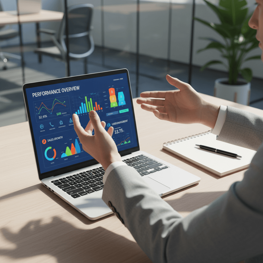 Professional team discussing data analytics on digital screen in modern office